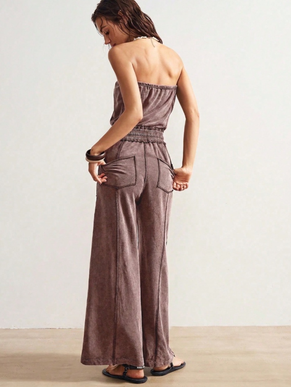 Strapless Brown Boho Wide Leg Jumpsuit with Pockets - Picture 4 of 8
